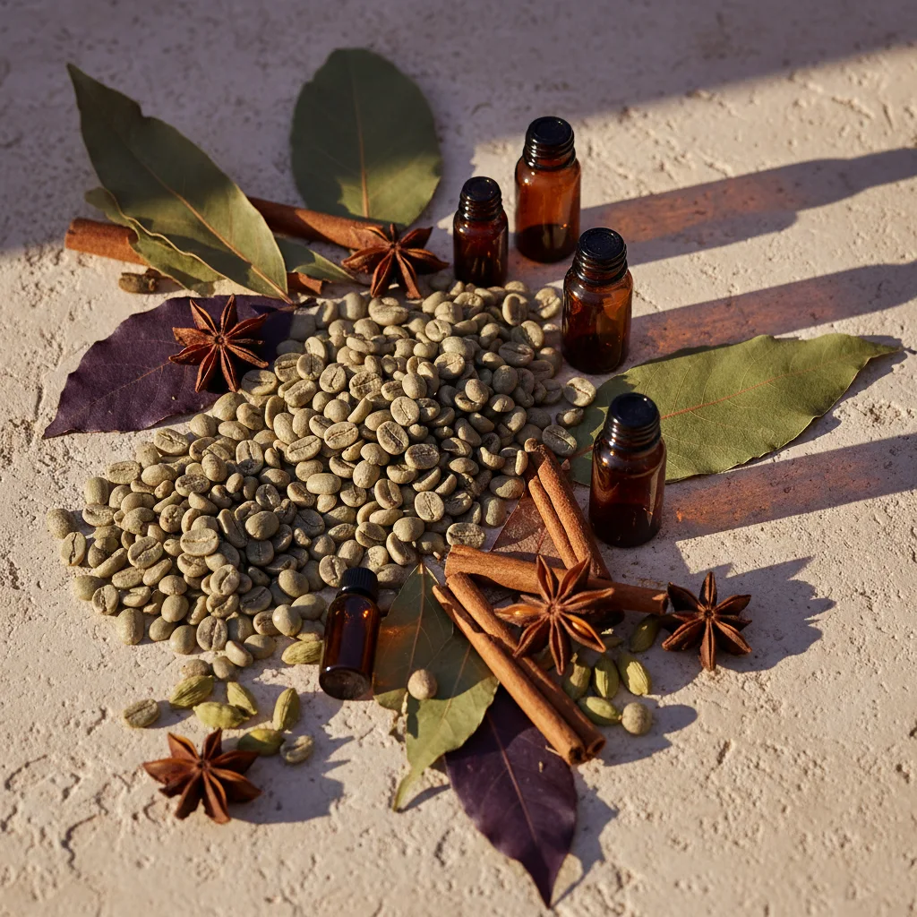 Raw green coffee beans and botanical ingredients arranged on a stone surface
