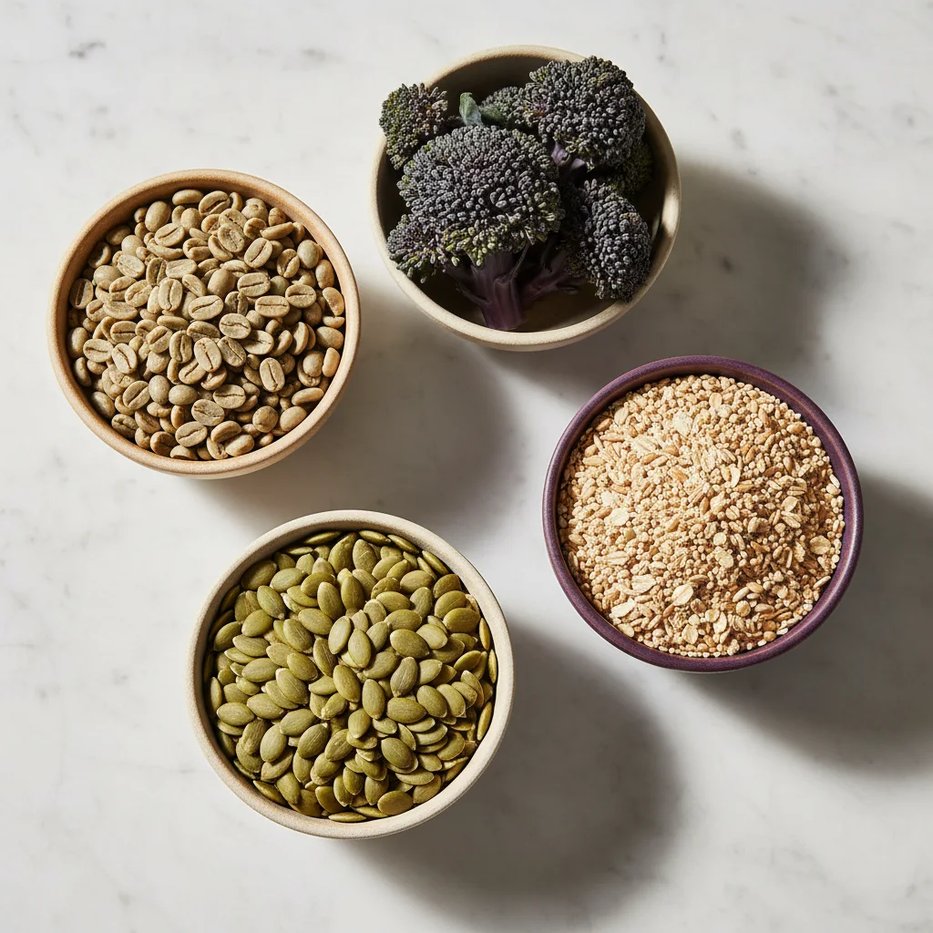 Broccoli and pumpkin seeds in ceramic bowls on a marble surface - chromium and zinc-rich foods